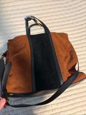 FOSSIL Brown Suede & Black Leather Tote Bag
